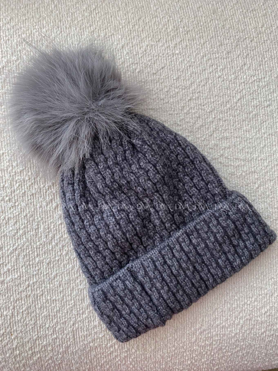 Pletená čiapka s mašličkou a brmbolcom šedá