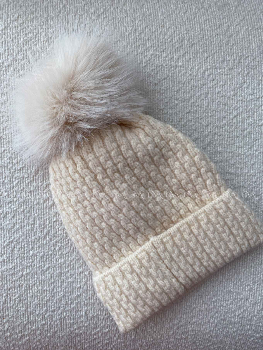 Pletená čiapka s mašličkou a brmbolcom vanilkovo-béžová