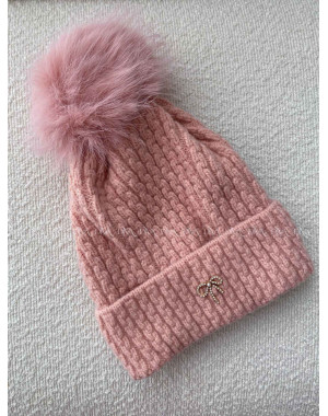 Pletená čiapka s mašličkou a brmbolcom ružová