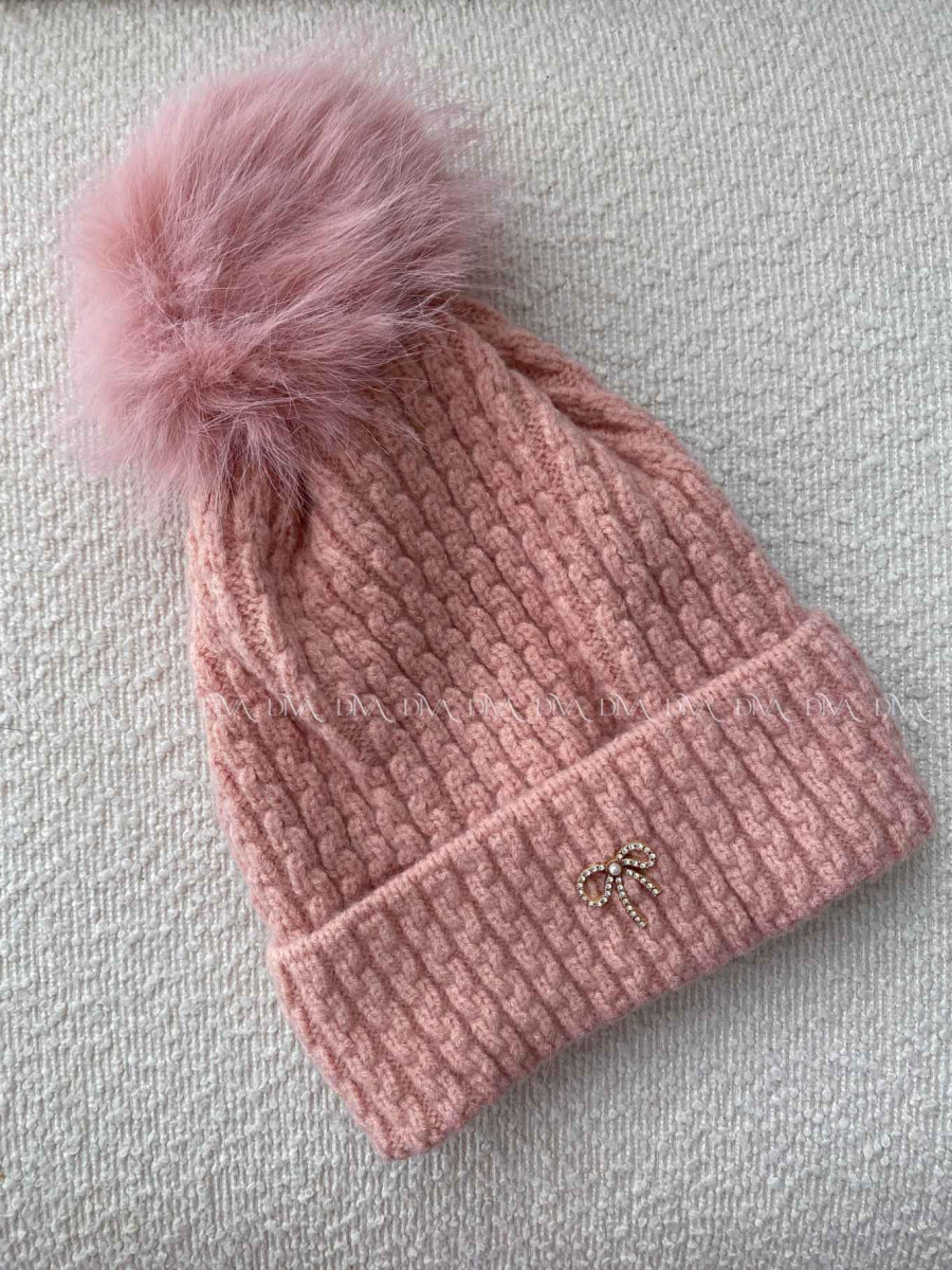 Pletená čiapka s mašličkou a brmbolcom ružová