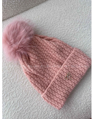 Pletená čiapka s mašličkou a brmbolcom ružová