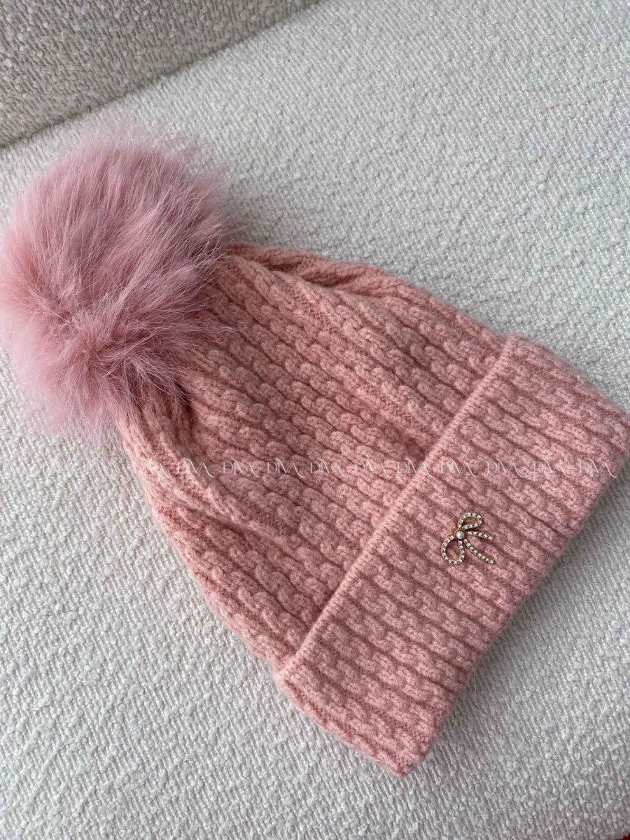 Pletená čiapka s mašličkou a brmbolcom ružová