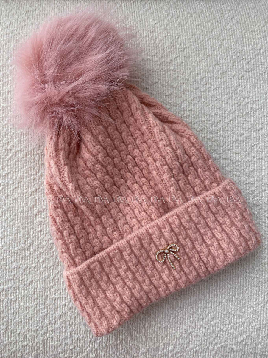 Pletená čiapka s mašličkou a brmbolcom ružová
