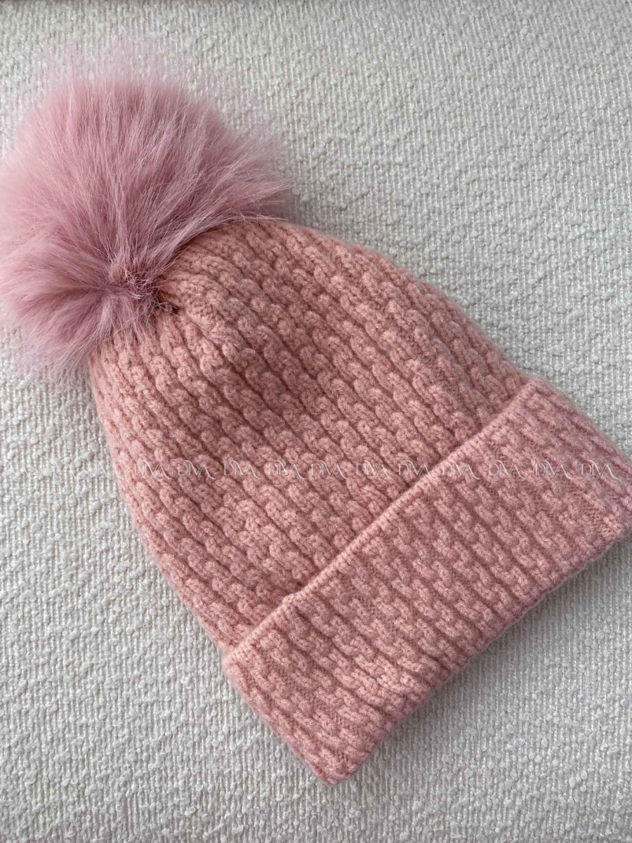Pletená čiapka s mašličkou a brmbolcom ružová