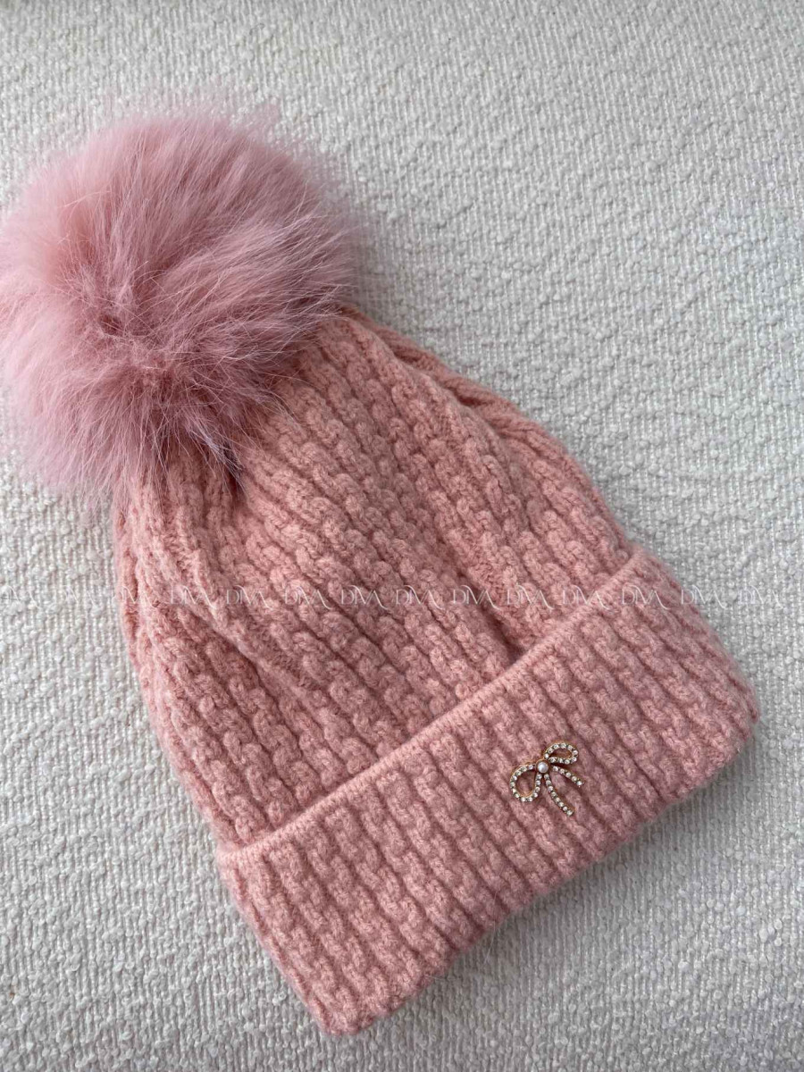 Pletená čiapka s mašličkou a brmbolcom ružová