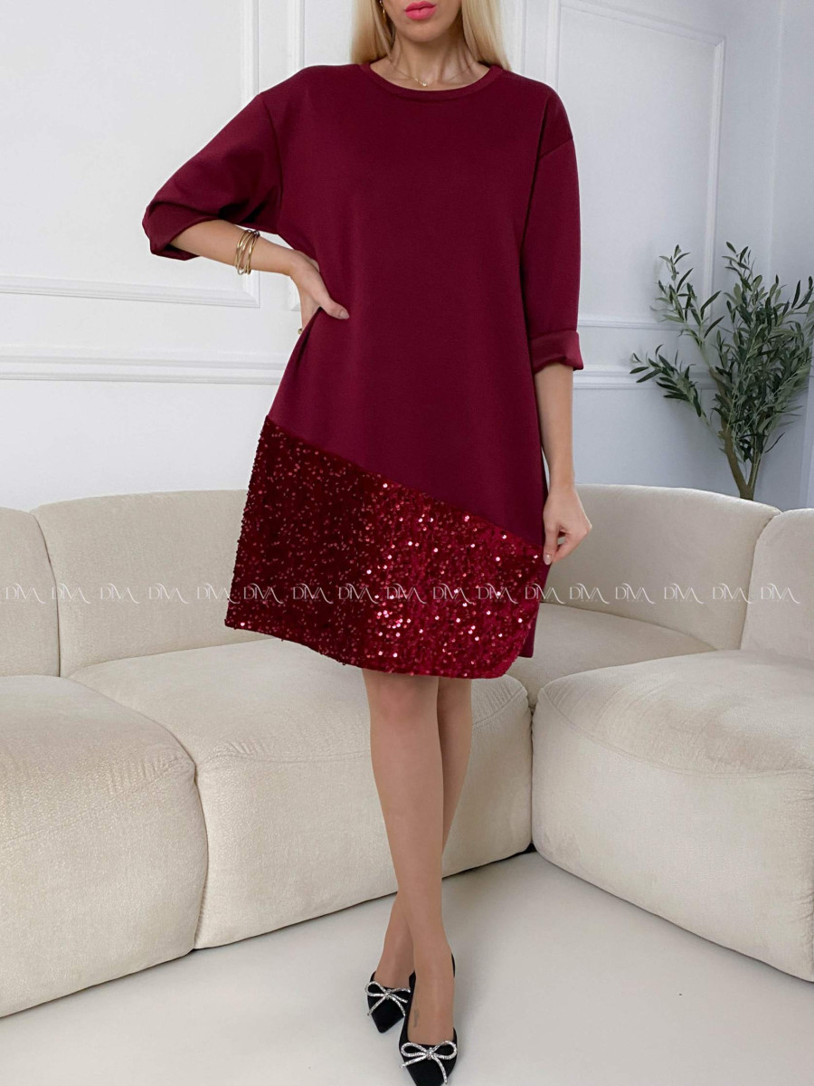Šaty s flitrovaným lemom burgundy A 182 Šaty s flitrovaným lemom burgundy A 182