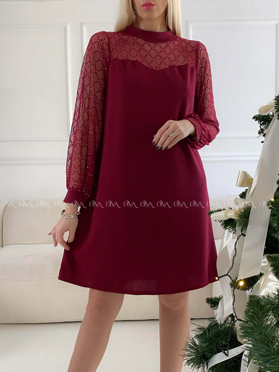 Šaty so sieťovanými rukávmi a trblietkami burgundy A 185 Šaty so sieťovanými rukávmi a trblietkami burgundy A 185