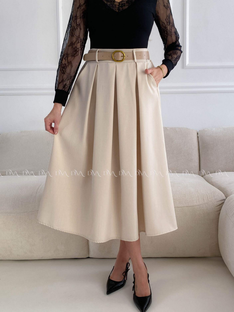 Tulipánová midi sukňa s opaskom béžová A 84