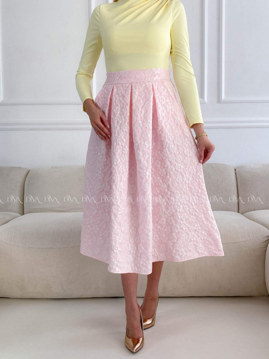 Tulipánová midi sukňa s 3D kvetmi ružová A 211