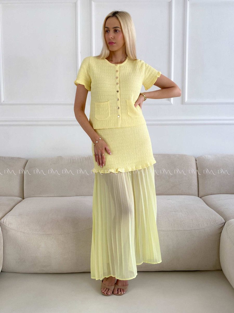 Úpletový elegantní komplet s plisem žlutý A 224