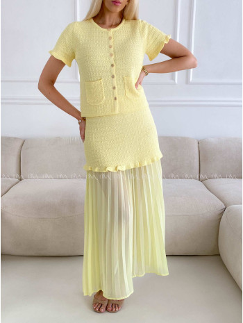Úpletový elegantný komplet s plisom žltý A 224 Úpletový elegantný komplet s plisom žltý A 224