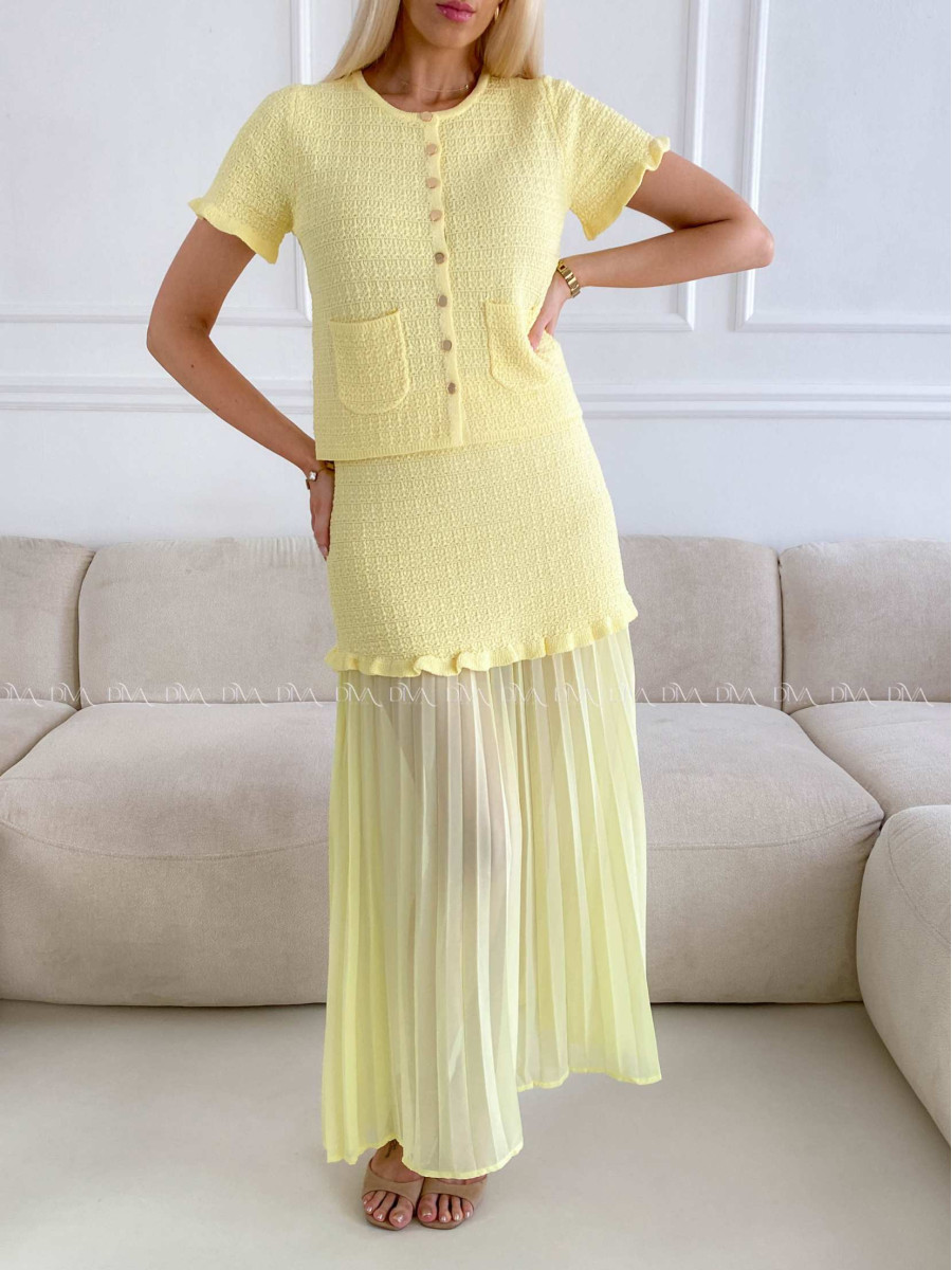 Úpletový elegantní komplet s plisem žlutý A 224