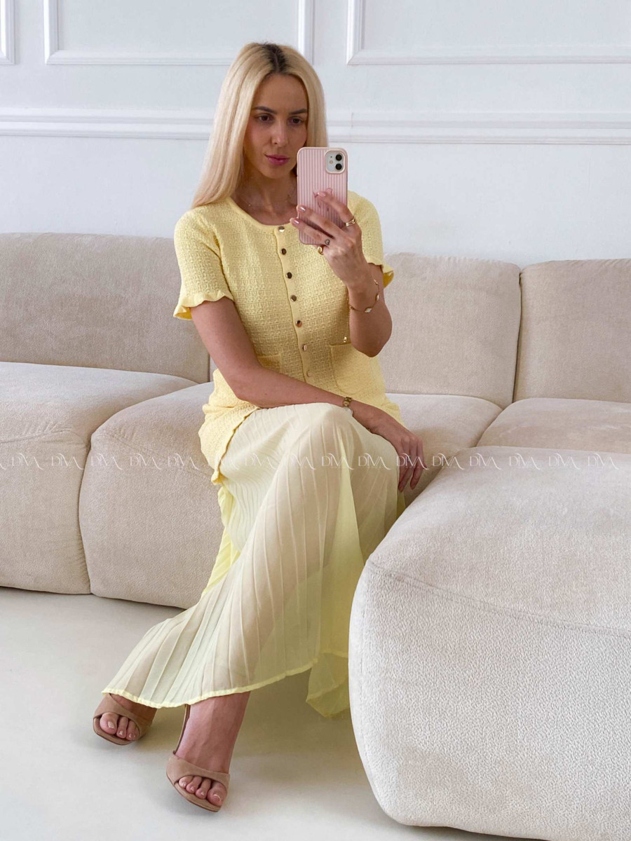 Úpletový elegantní komplet s plisem žlutý A 224