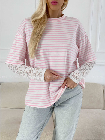 Bavlnené pruhované tričko s krajkou ružové AB 1
