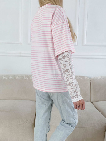 Bavlnené pruhované tričko s krajkou ružové AB 1