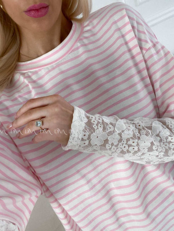 Bavlnené pruhované tričko s krajkou ružové AB 1