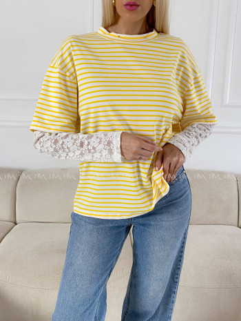 Bavlnené pruhované tričko s krajkou žlté AB 1