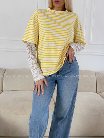 Bavlnené pruhované tričko s krajkou žlté AB 1