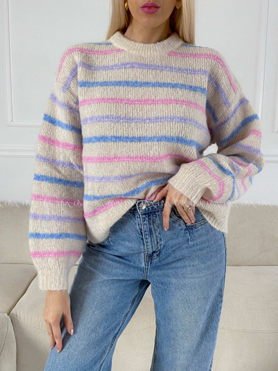 Pruhovaný sveter s balónovými rukávmi AB 4