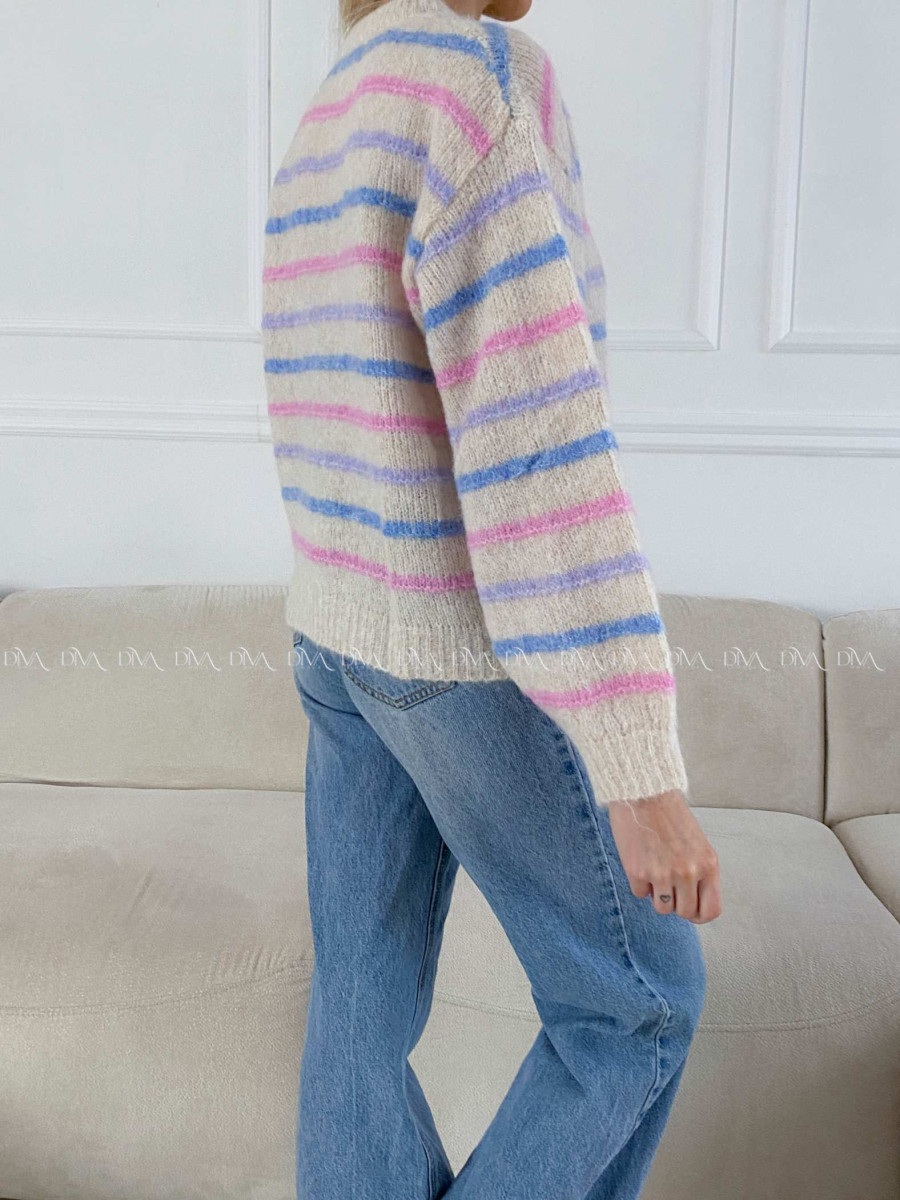 Pruhovaný sveter s balónovými rukávmi AB 4
