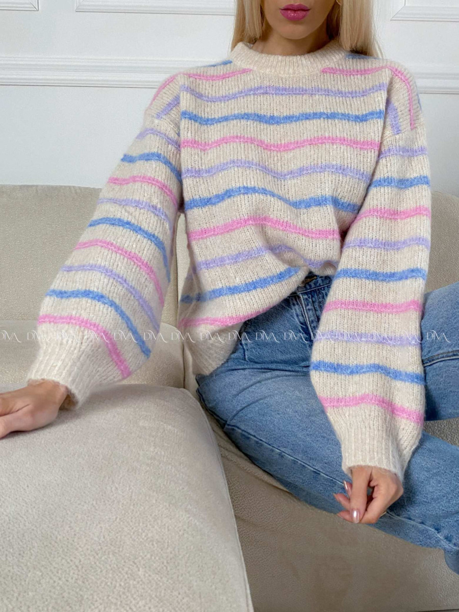 Pruhovaný sveter s balónovými rukávmi AB 4