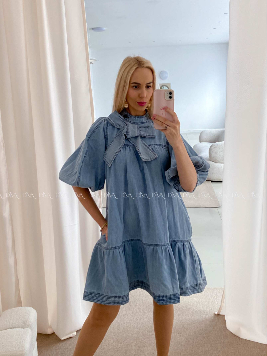 Riflové šaty s mašľou modré AB 28