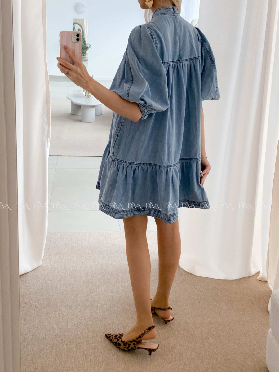 Riflové šaty s mašľou modré AB 28