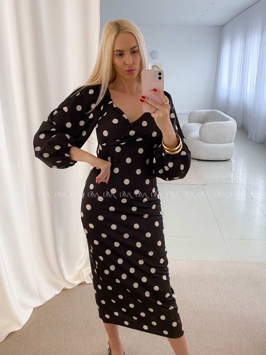 Bodkované púzdrové midi šaty čierne AB 44