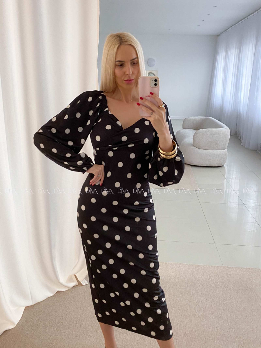 Bodkované púzdrové midi šaty čierne AB 44