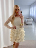 Krajkované elegantní šaty s volánovou sukní vanilkové AB 50