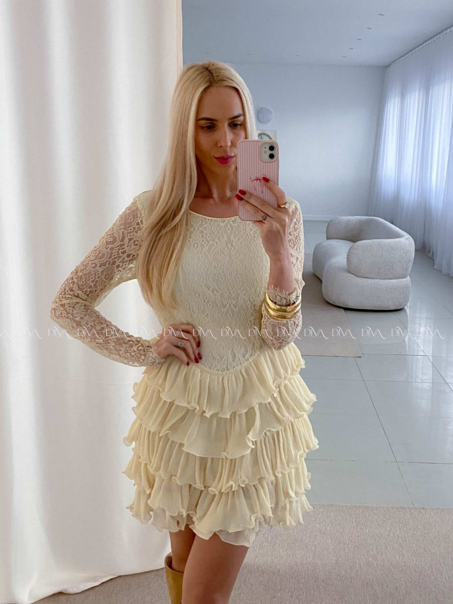 Krajkované elegantní šaty s volánovou sukní vanilkové AB 50