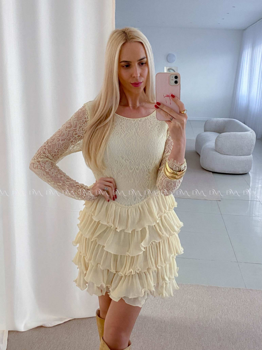 Krajkované elegantní šaty s volánovou sukní vanilkové AB 50