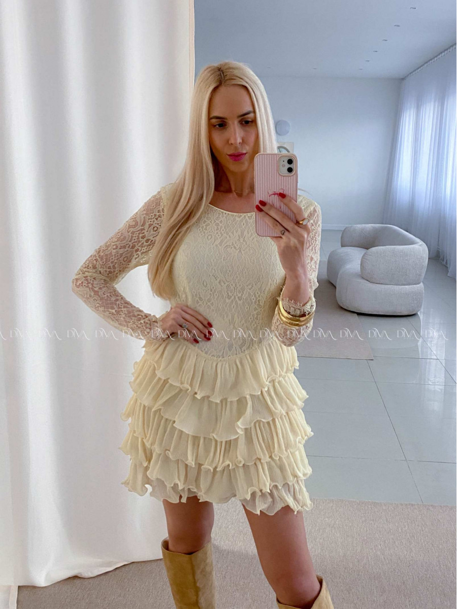 Krajkované elegantní šaty s volánovou sukní vanilkové AB 50