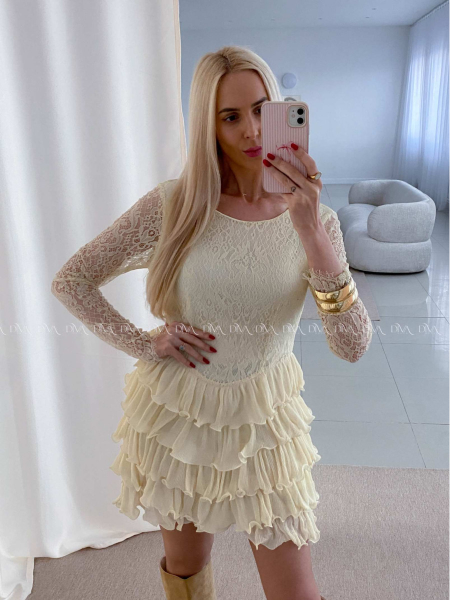 Krajkované elegantní šaty s volánovou sukní vanilkové AB 50