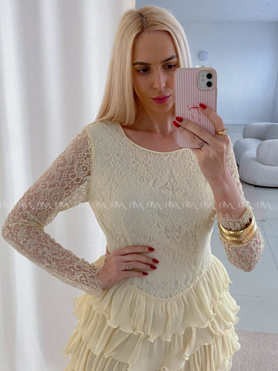 Krajkované elegantní šaty s volánovou sukní vanilkové AB 50