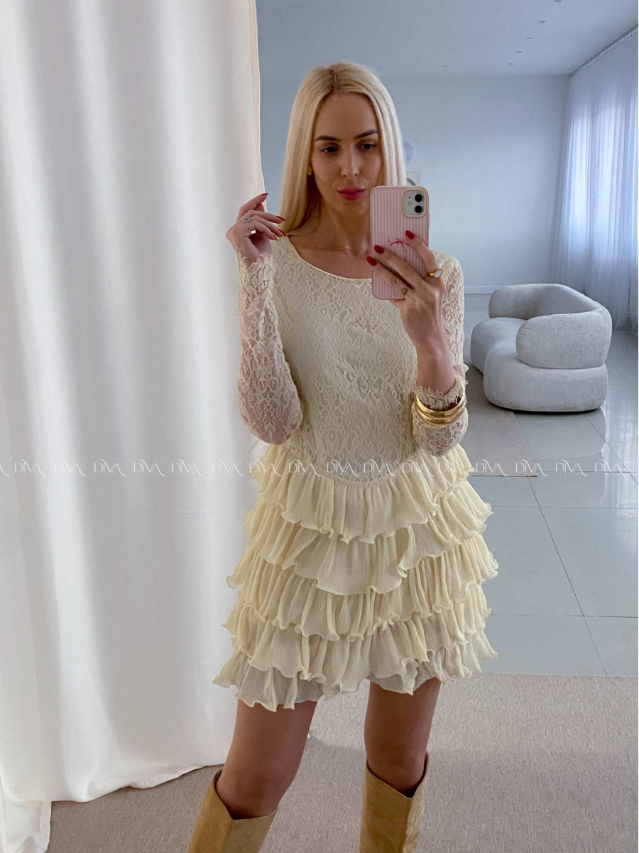 Krajkované elegantní šaty s volánovou sukní vanilkové AB 50