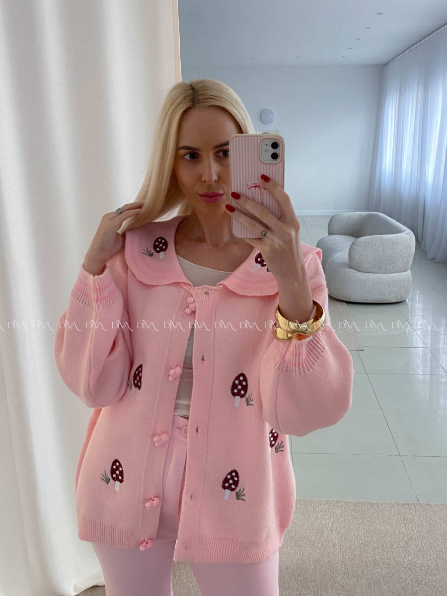 Kardigan so zdobenými gombíkmi muchotrávky ružový AB 36