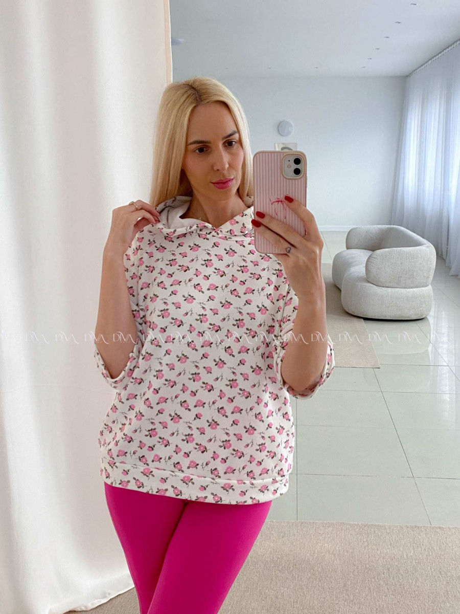 Bavlněná mikina flowers s 3/4 rukávem bílá AB 56