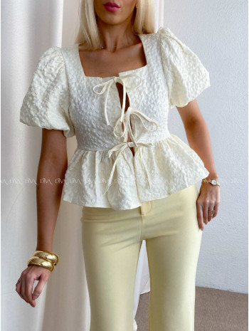 3D kytičkovaný peplum top na vázání smetanový AB 81