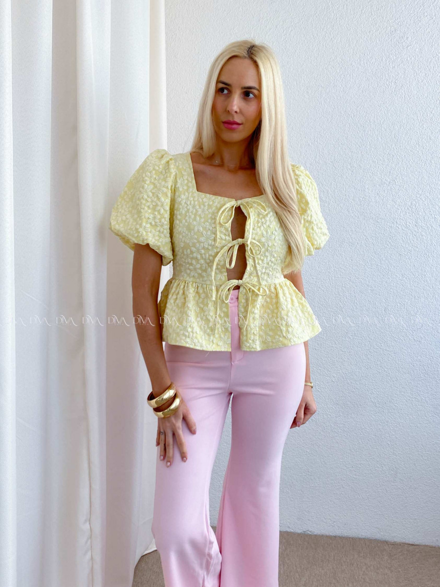 3D kvietkovaný peplum top na viazanie butter yellow AB 81
