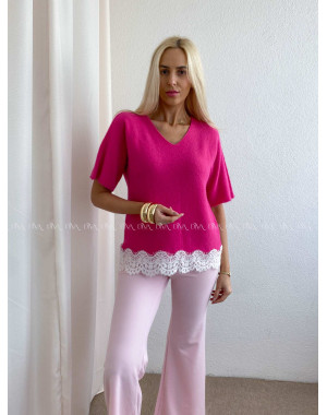 Svetríkový top s krátkym rukávom a krajkou fuchsia AB 63