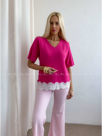 Svetríkový top s krátkym rukávom a krajkou fuchsia AB 63