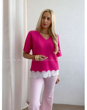 Svetríkový top s krátkym rukávom a krajkou fuchsia AB 63