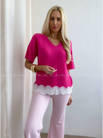 Svetríkový top s krátkym rukávom a krajkou fuchsia AB 63