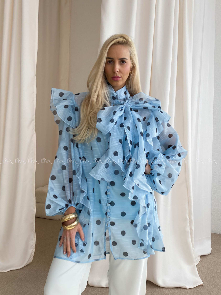 Midi bodkovaná blúzka s mašľou modrá AB 43