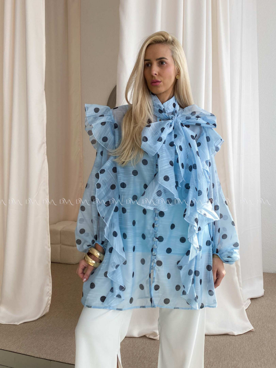 Midi bodkovaná blúzka s mašľou modrá AB 43