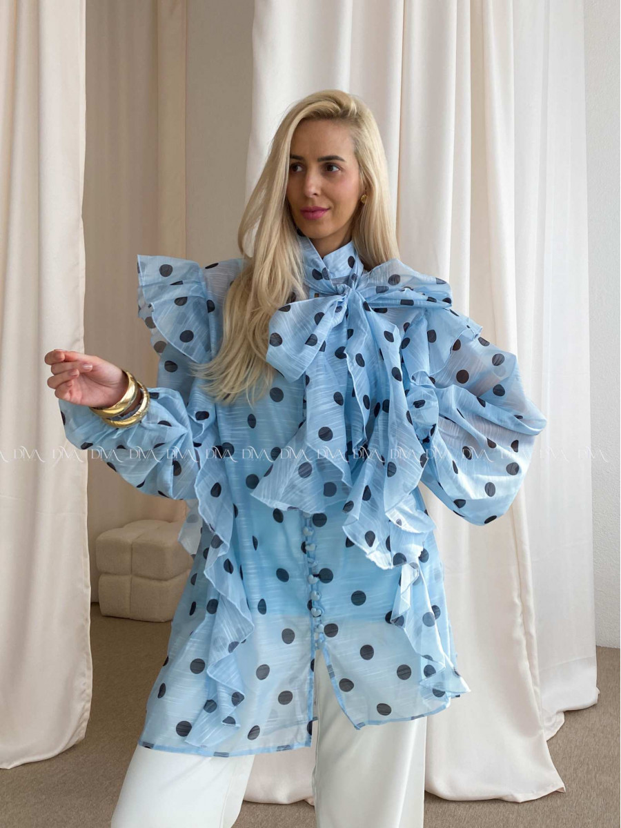 Midi bodkovaná blúzka s mašľou modrá AB 43