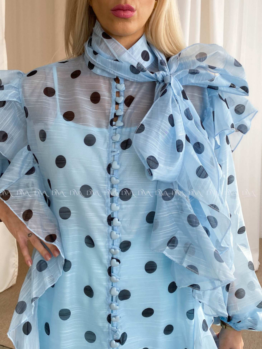 Midi bodkovaná blúzka s mašľou modrá AB 43