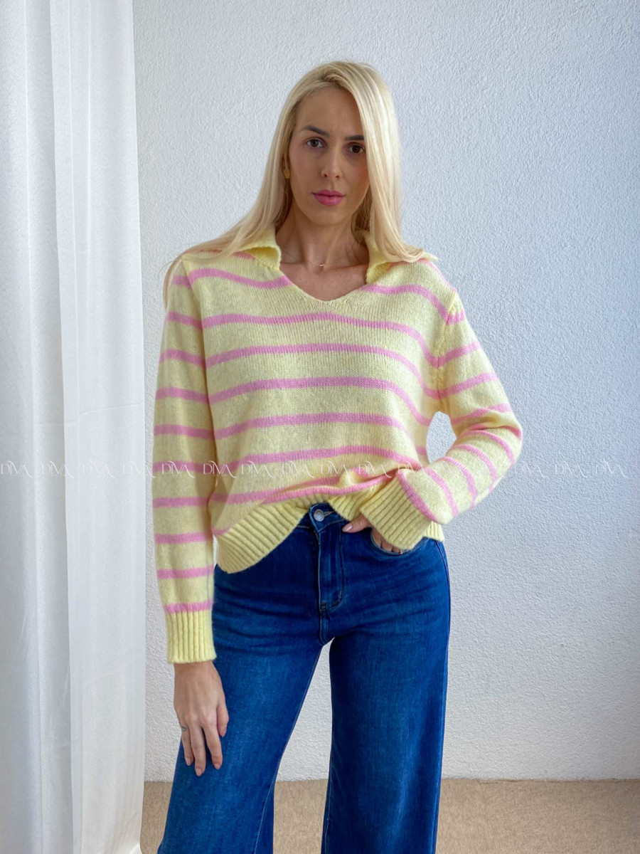 Pruhovaný sveter s límcom žlto-ružový AB 9