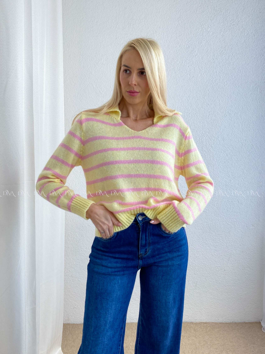 Pruhovaný sveter s límcom žlto-ružový AB 9